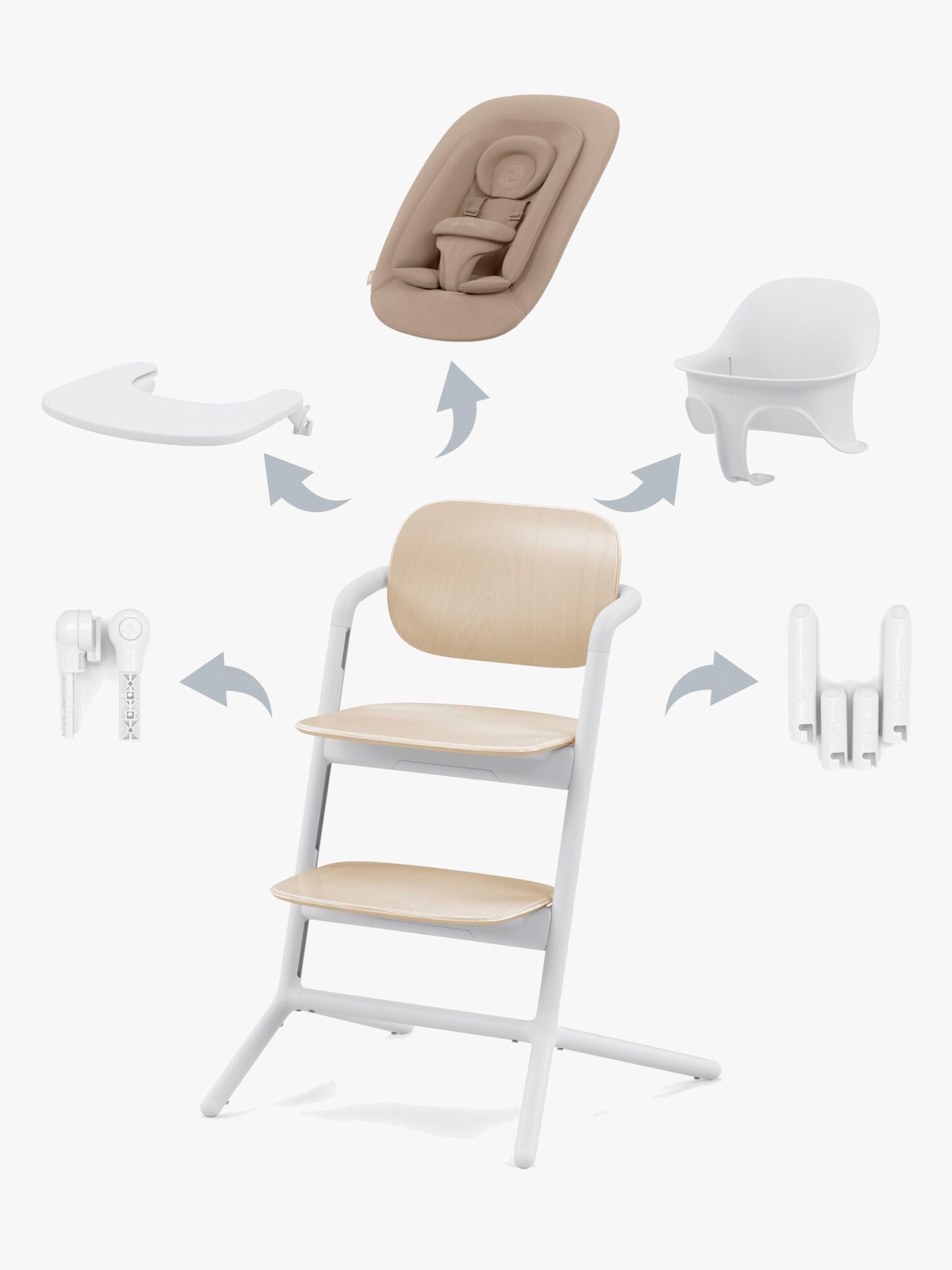 Lemo 4-in-1 Hochstuhl inkl. Babywippe, Babyset und Tablett, Sand White