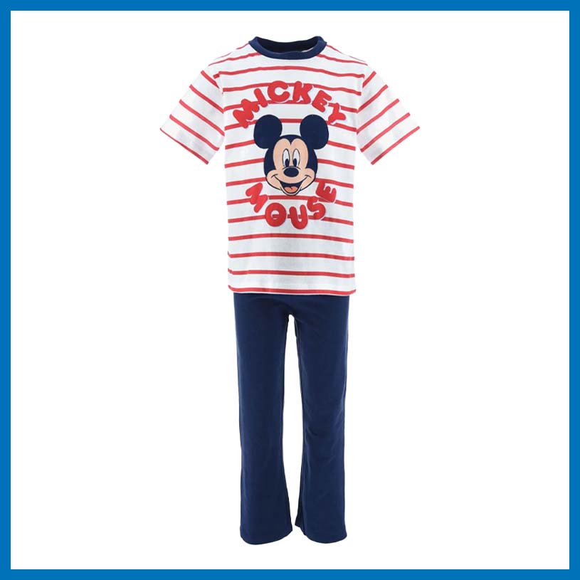 Kinderbekleidung mit gestreiftem T-Shirt und Hose, mit dem Text 'MICKEY MOUSE'.