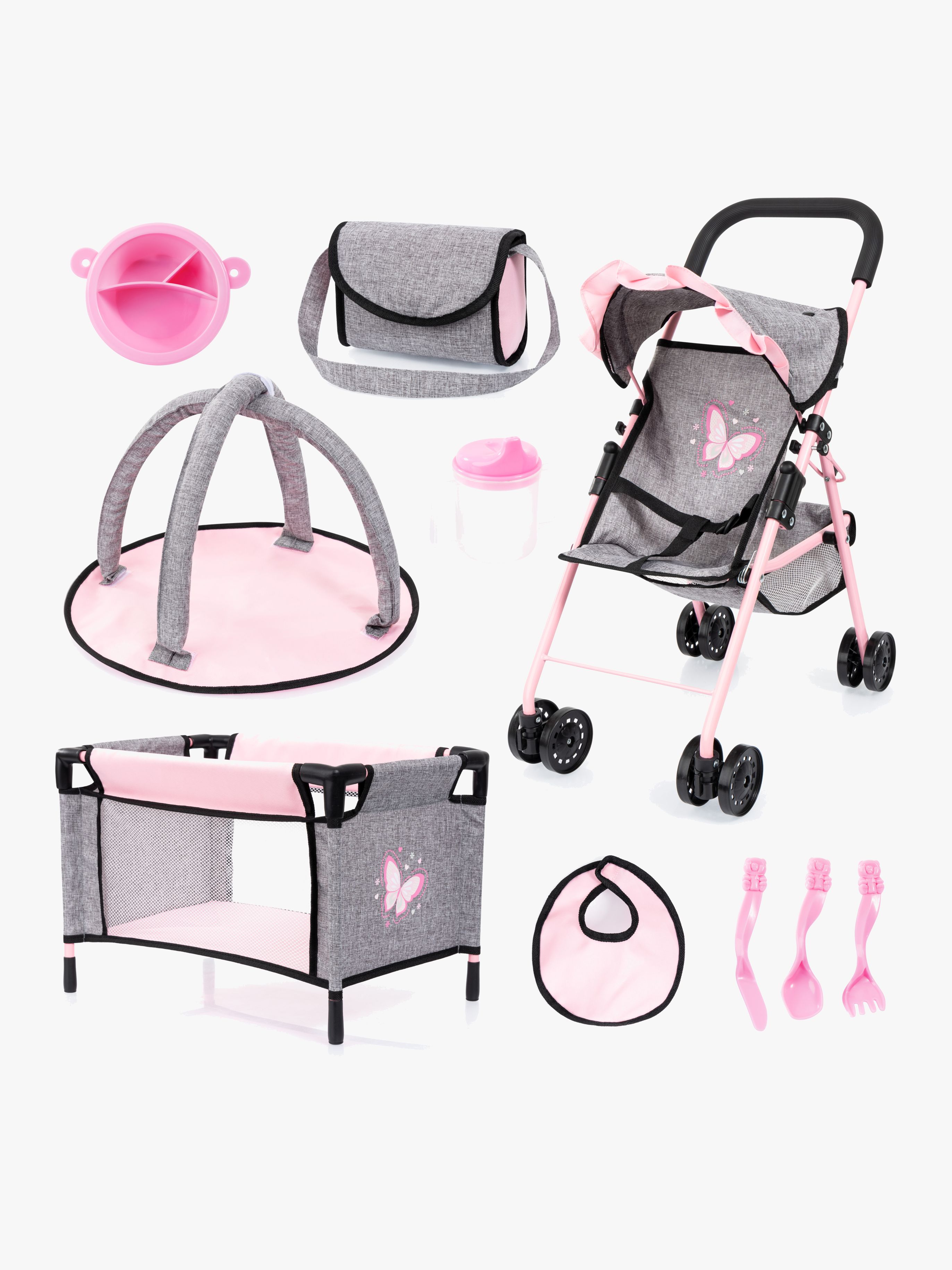 Bayer Design 10-in-1 Puppenwagen Set, Grau/Rosa
