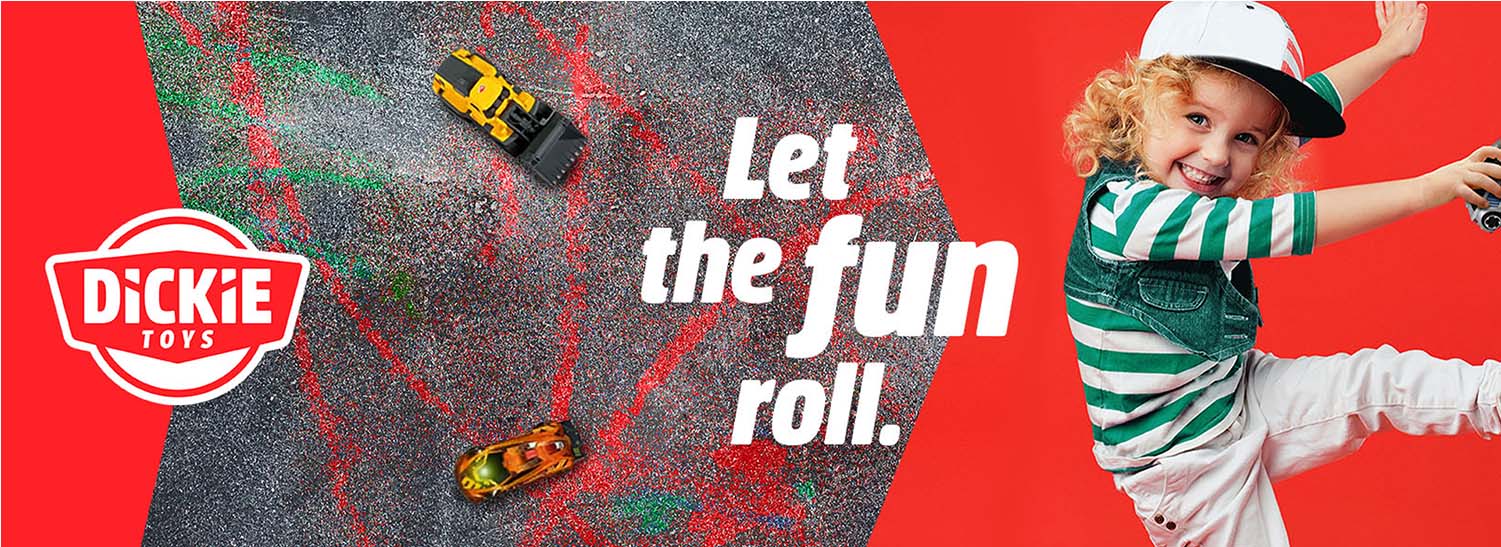 Kind spielt mit Spielzeugautos, Text sagt 'Let the fun roll'.