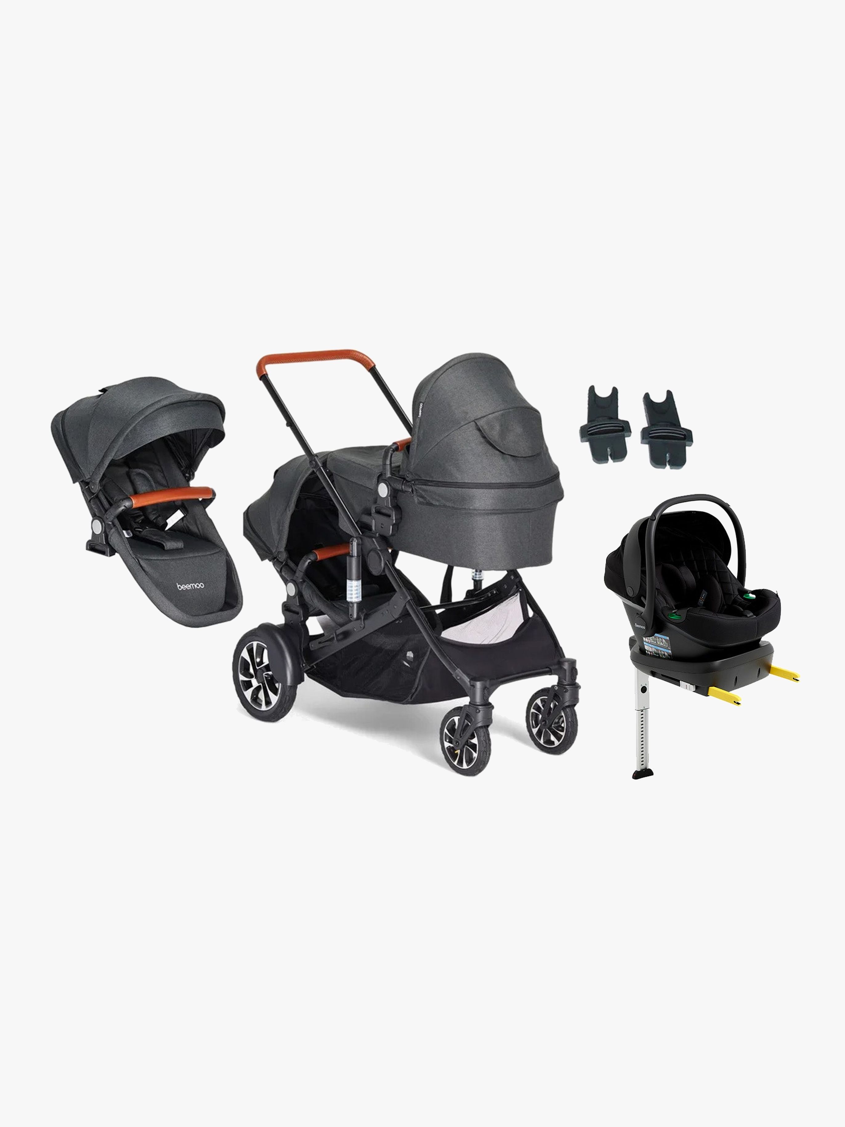 Beemoo Maxi 4 Twin Geschwisterwagen inkl. Geschwistersitz &  Beemoo Route i-Size Babyschale &  Basis, Black/Black Stone, Doppelkinderwagen