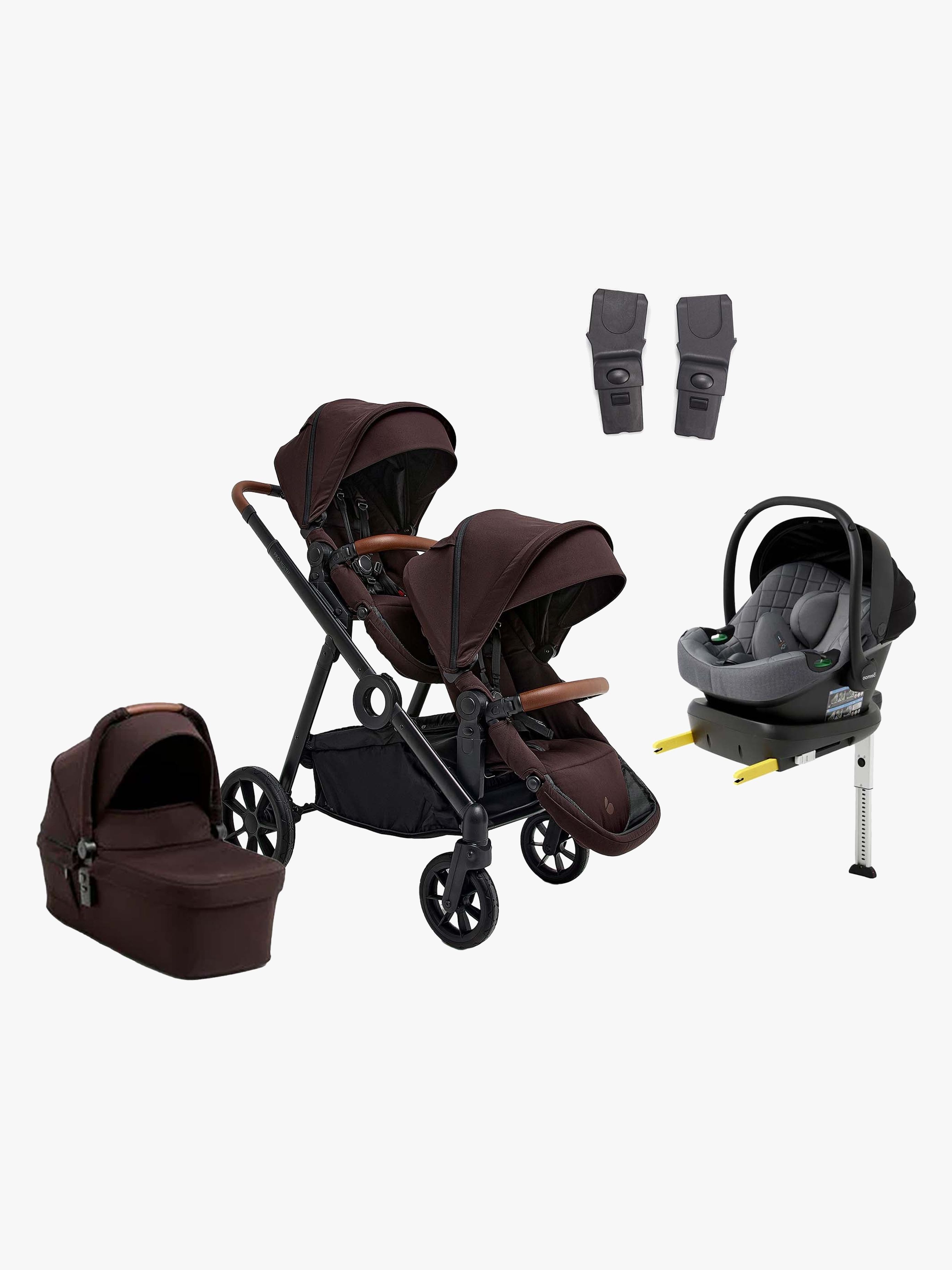 Beemoo Pro Multi 2 Geschwisterwagen inkl. Route i-Size Babyschale &  Basis, Espresso Brown/Mineral Grey, Doppelkinderwagen