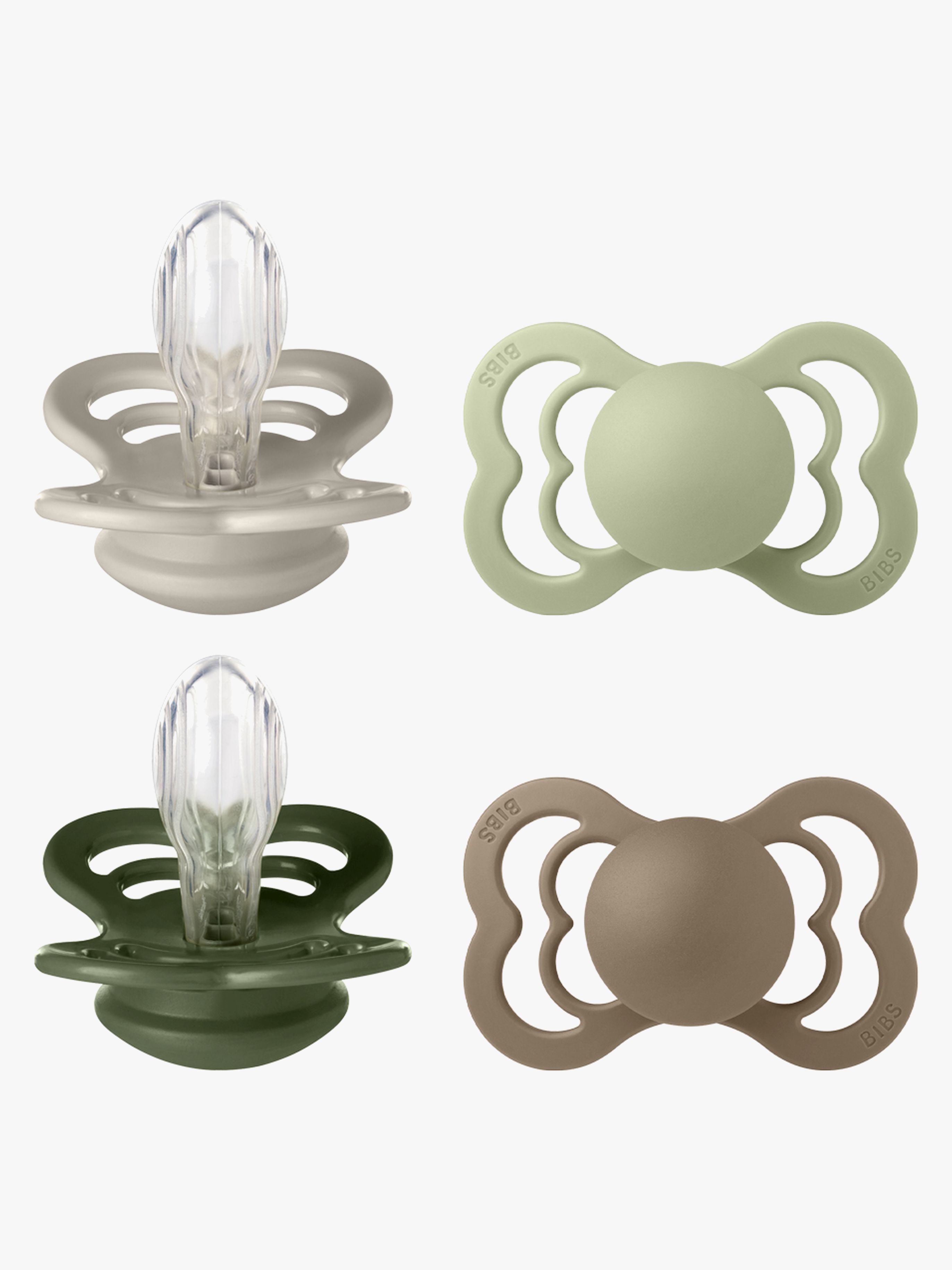 BIBS Supreme Schnuller 4er-Pack Silikon Gr. 2, Sand/Sage/Huntergreen/Dark Oak