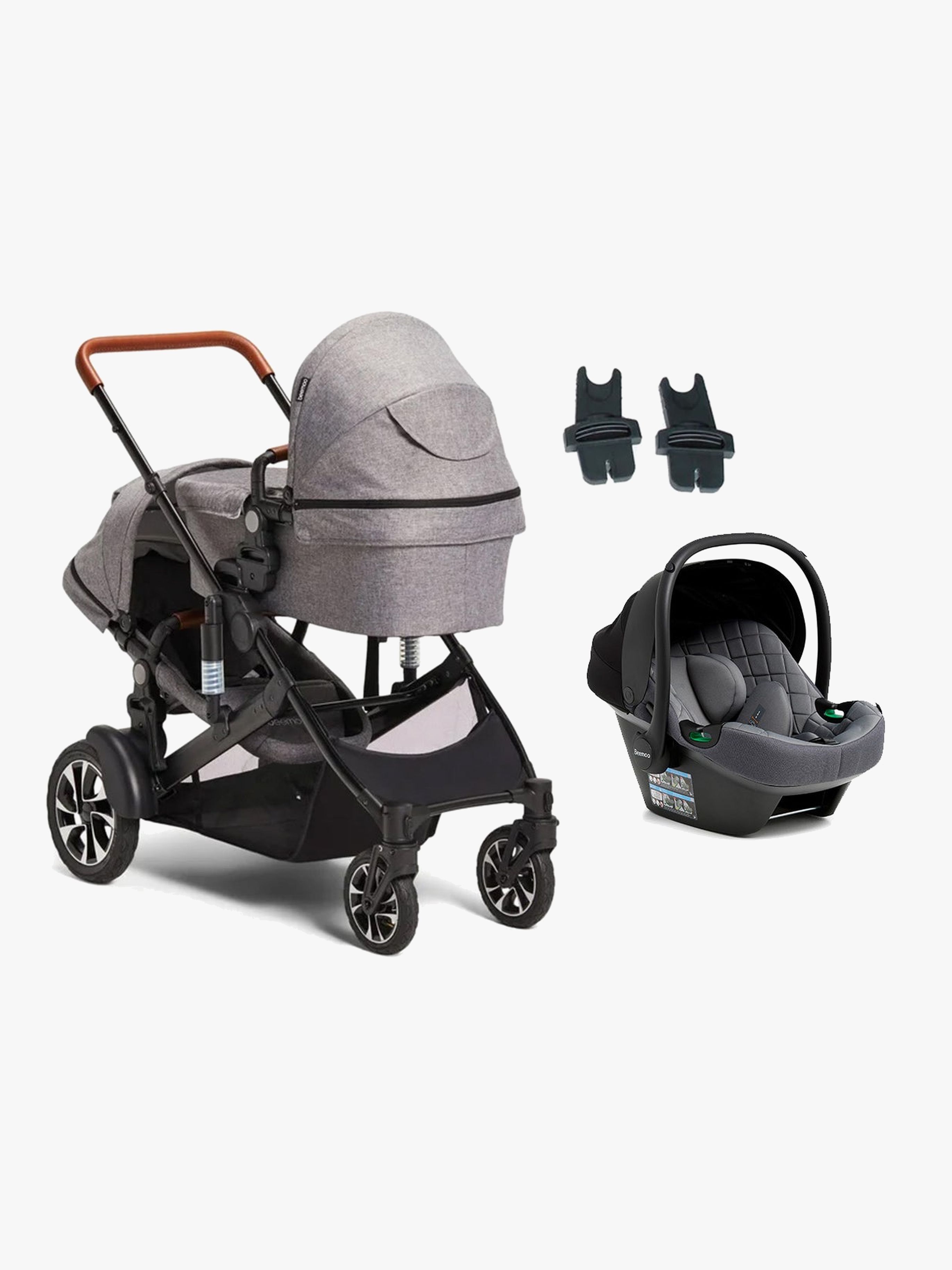 Beemoo Maxi 4 Twin Geschwisterwagen inkl. Beemoo Route i-Size Babyschale, Grey/Mineral Grey, Doppelkinderwagen
