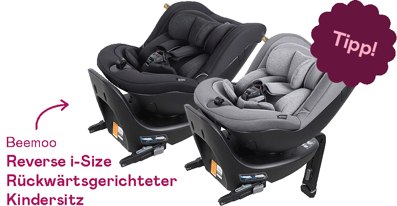 Zwei Autositze, ein schwarzer und ein grauer, von Beemoo im rückwärts gerichteten Design.