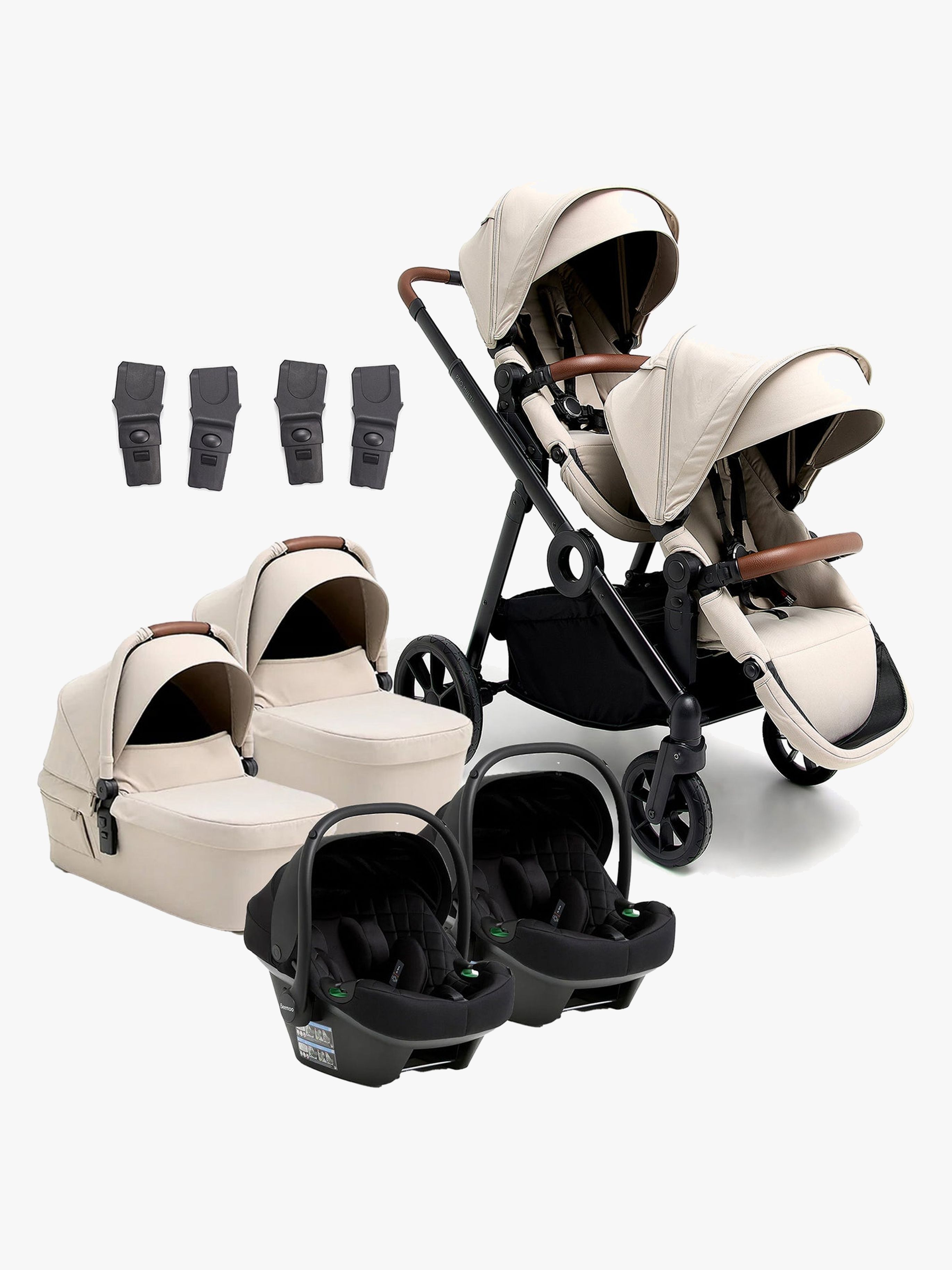 Beemoo Pro Multi 2 Zwillingswagen inkl. Route i-Size Babyschalen, Latte Beige/Black Stone