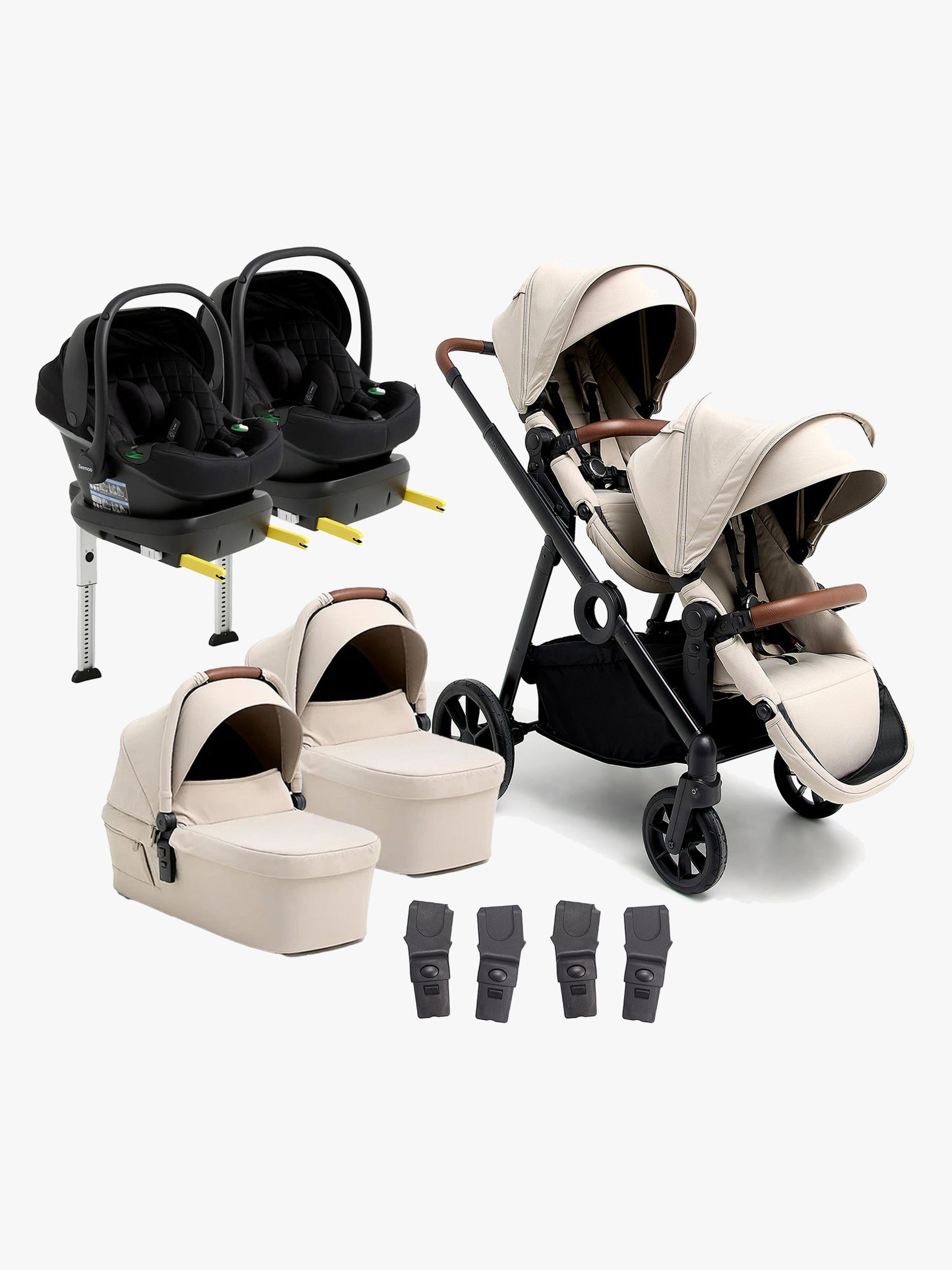 Beemoo Pro Multi 2 Zwillingswagen inkl. Route i-Size Babyschalen &  Basis, Latte Beige/Black Stone