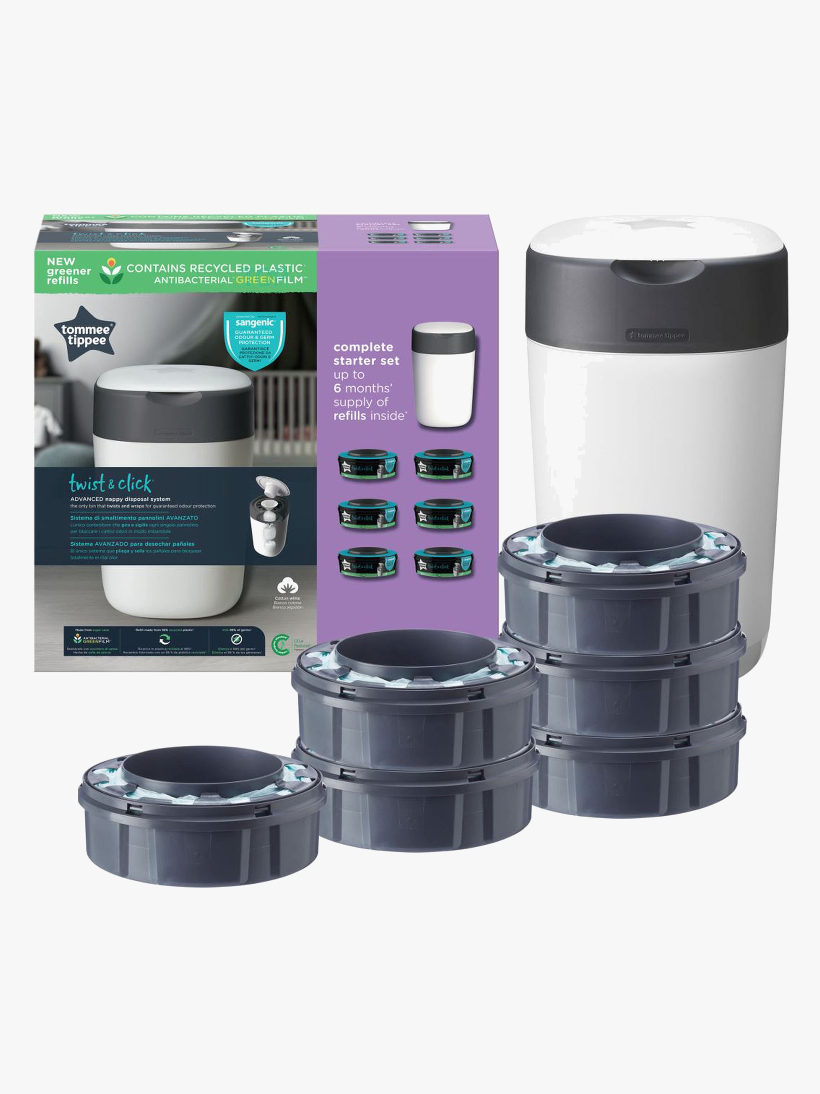 Tommee Tippee Twist &  Click Sangenic Windeleimer inkl. 6er-Pack Nachfüllpackung, White