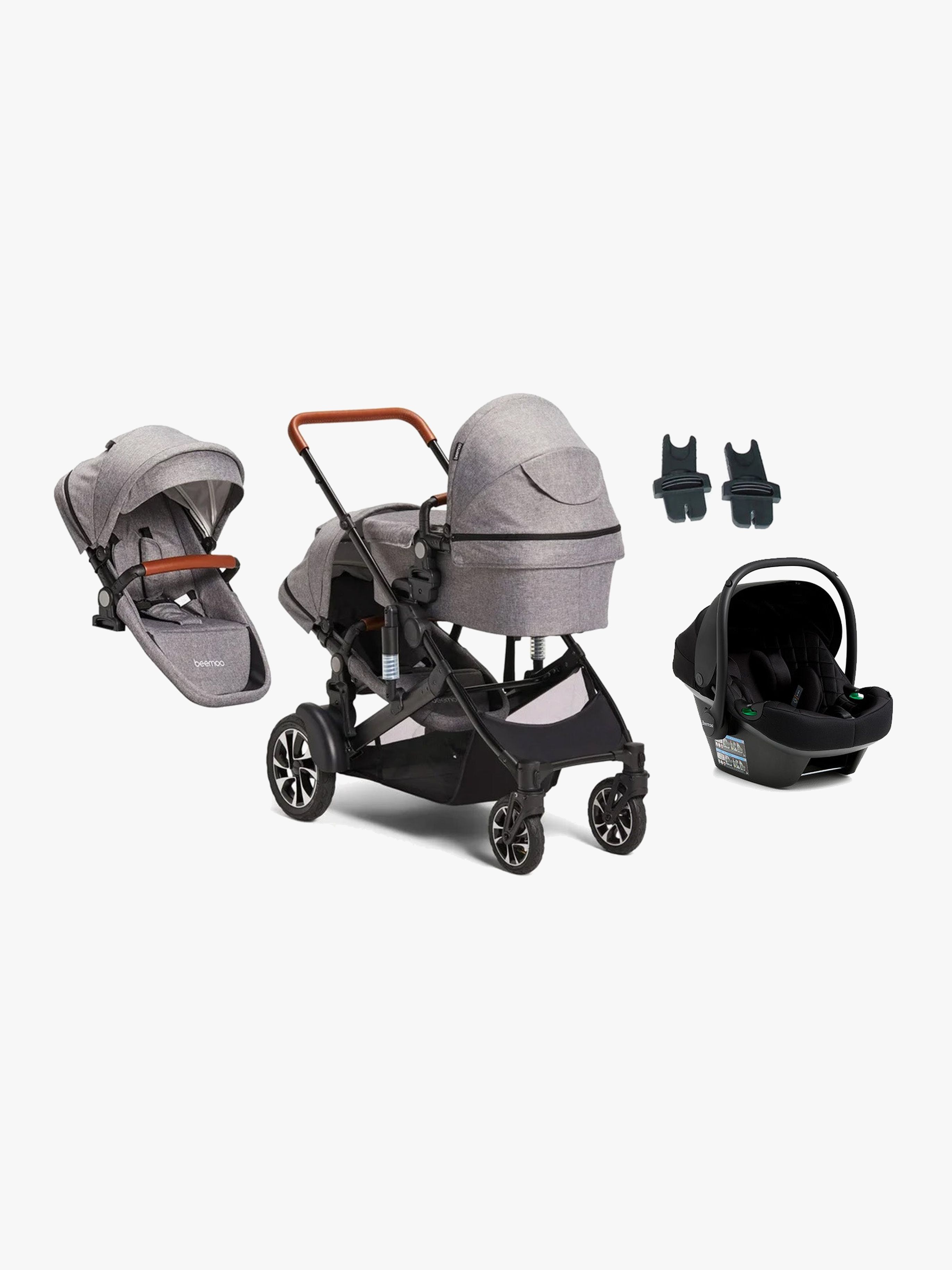 Maxi 4 Twin Geschwisterwagen inkl. Geschwistersitz & Beemoo Route i-Size Babyschale, Grey / Black Stone, Doppelkinderwagen
