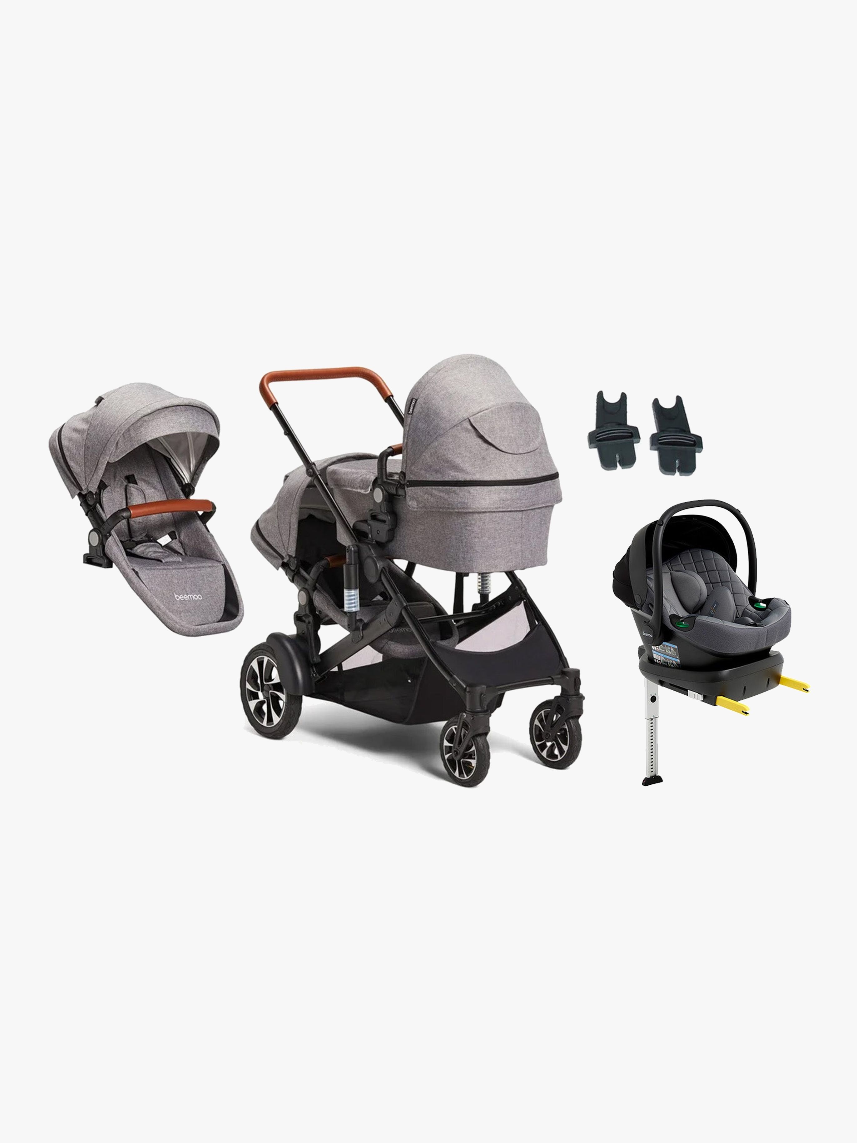 Beemoo Maxi 4 Twin Geschwisterwagen inkl. Geschwistersitz &  Beemoo Route i-Size Babyschale &  Basis, Grey/Mineral Grey, Doppelkinderwagen