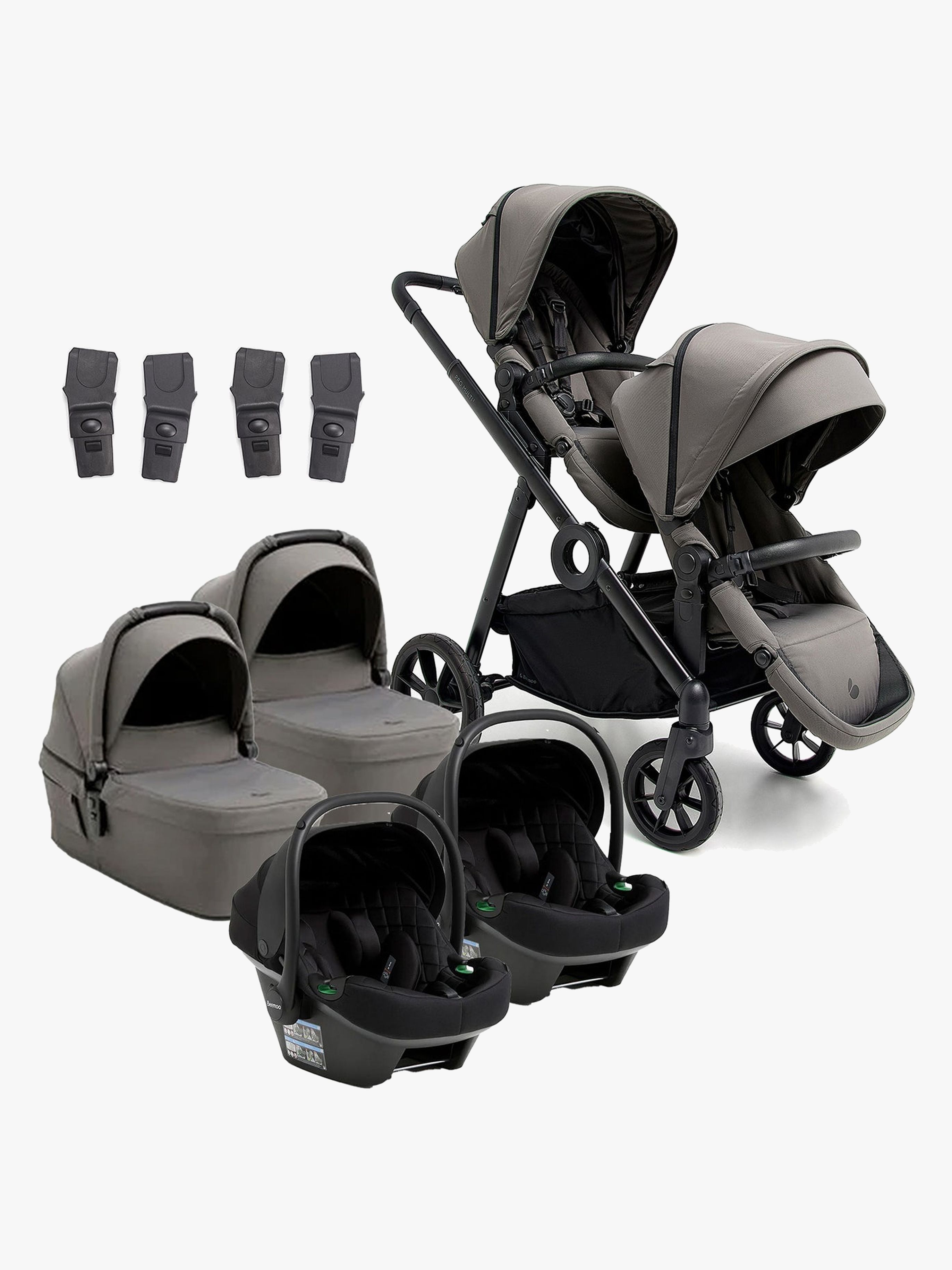 Beemoo Pro Multi 2 Zwillingswagen inkl. Route i-Size Babyschalen, Mocha Grey/Black Stone