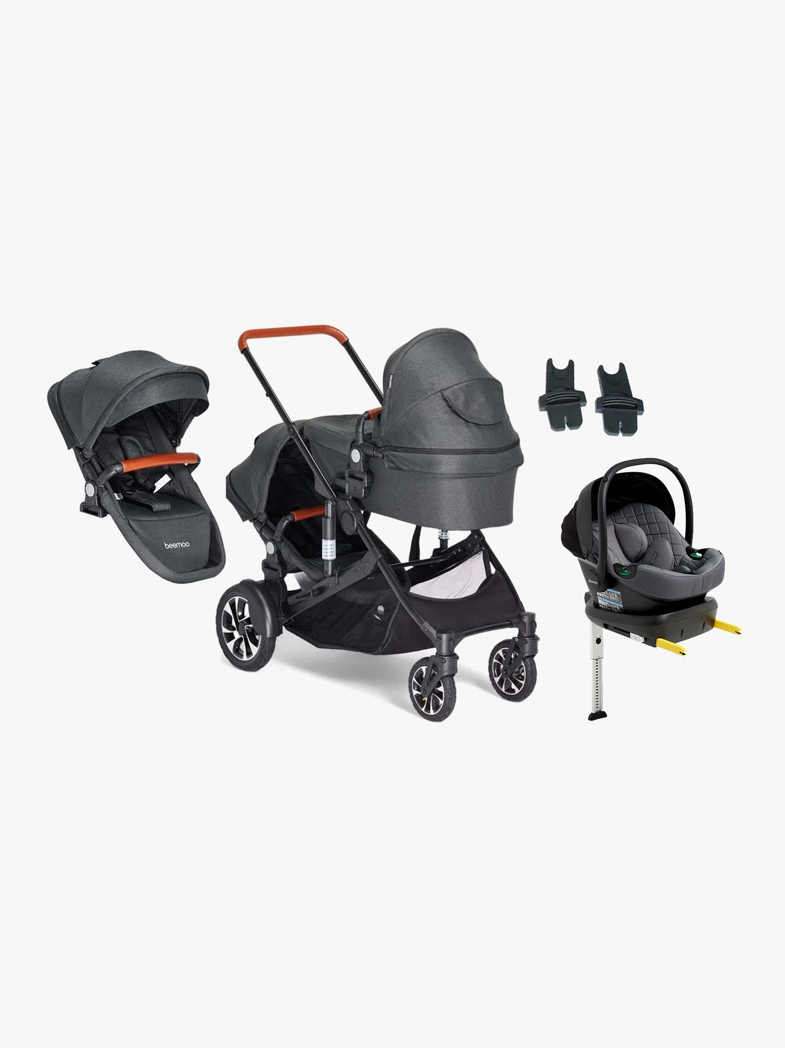 Maxi 4 Twin Geschwisterwagen inkl. Geschwistersitz & Beemoo Route i-Size Babyschale & Basis, Black / Mineral Grey, Doppelkinderwagen