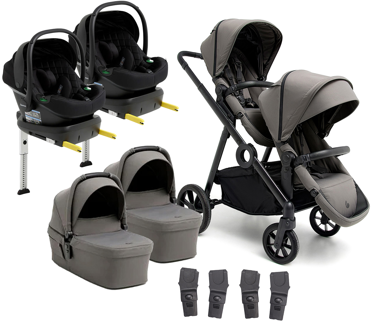 Beemoo Pro Multi 2 Zwillingswagen inkl. Route i-Size Babyschalen & Basis, Mocha Grey/Black Stone