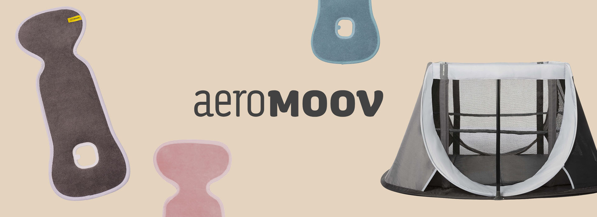 AeroMoov-Logo und Sitzpolster mit Reisebett im Hintergrund.