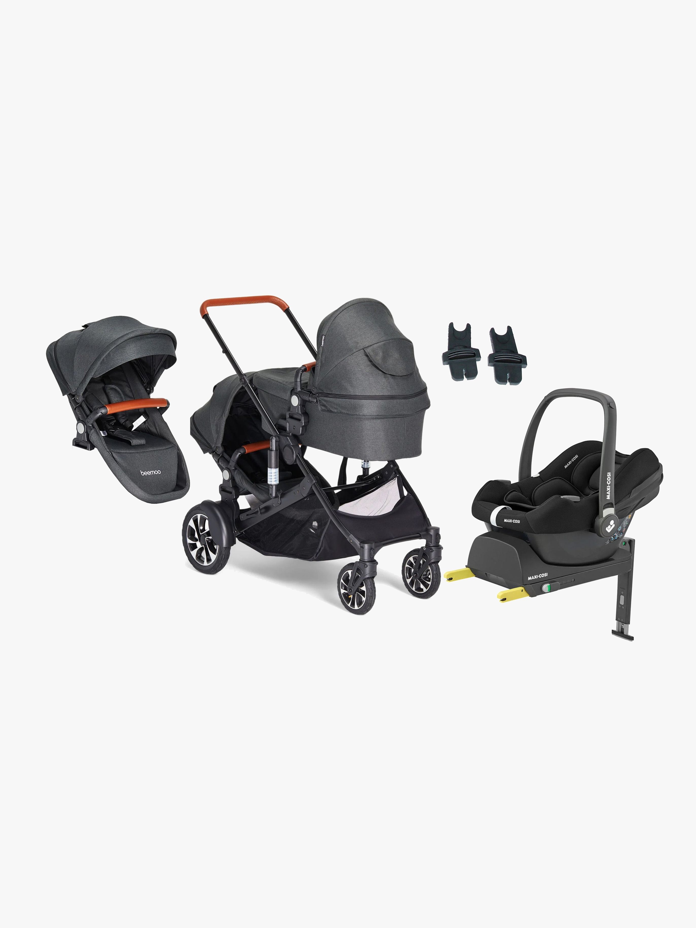 Beemoo Maxi 4 Twin Geschwisterwagen inkl. Geschwistersitz &  Maxi-Cosi CabrioFix Babyschale &  Basis, Black, Doppelkinderwagen