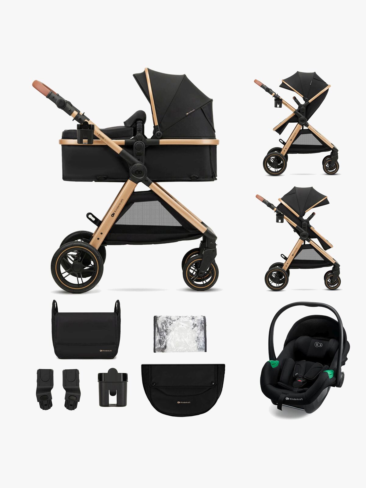 Kinderkraft ESME PRO 3-in-1 Kombikinderwagen Travelsystem, Pure Black