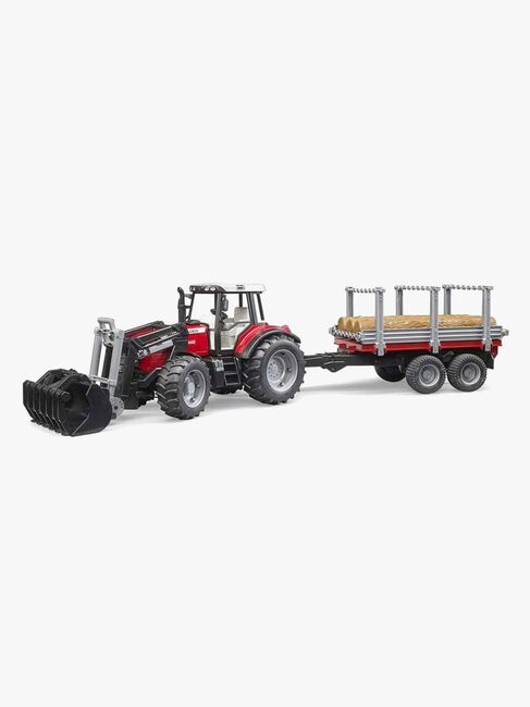 Bruder Massey Ferguson 7480 Traktor Mit Frontlaster Und Holztransportanhänger