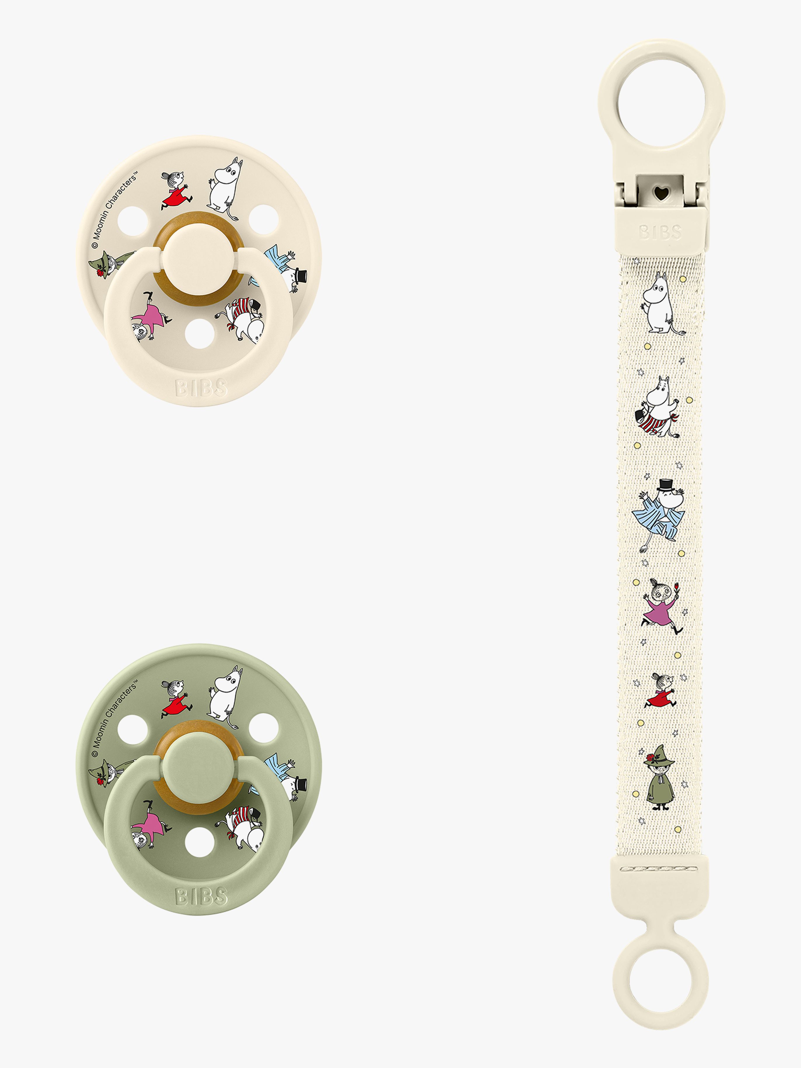 BIBS x Moomin Colour Schnuller &  Loop Schnullerkette Geschenkset Latex Größe 2, Ivory/Sage