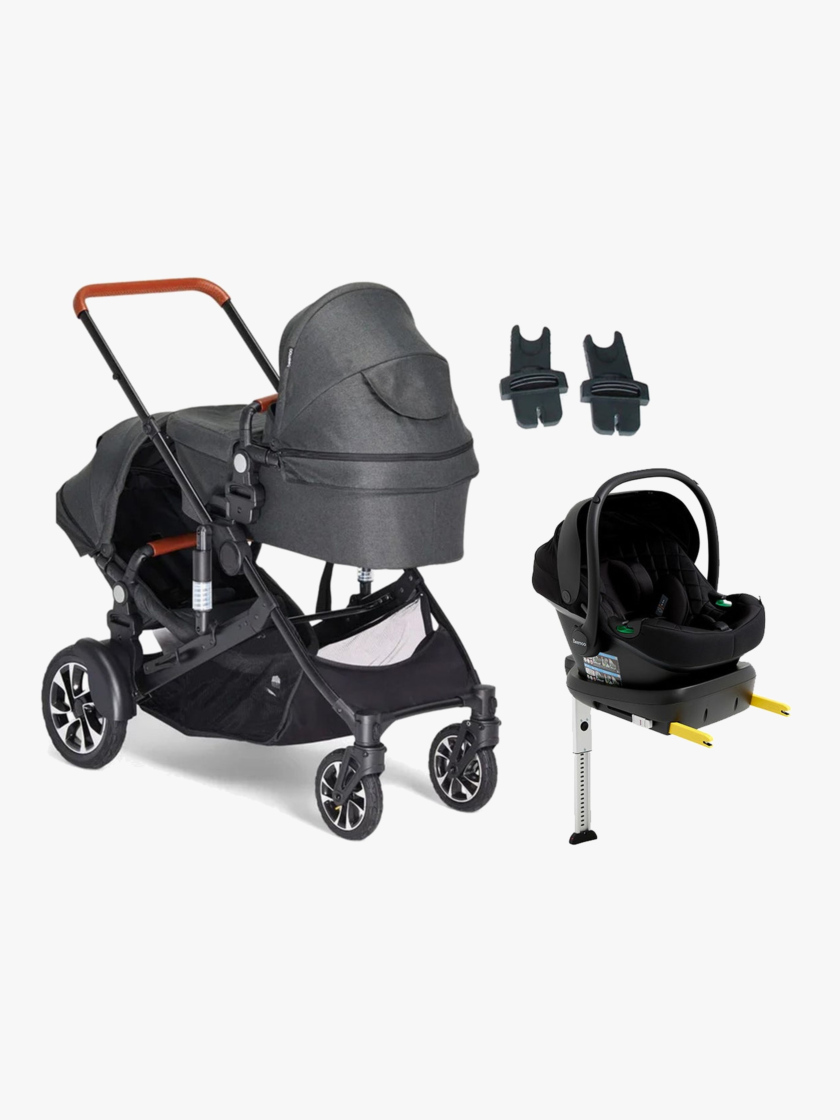 Maxi 4 Twin Geschwisterwagen inkl. Beemoo Route i-Size Babyschale & Basis, Black / Black Stone, Doppelkinderwagen