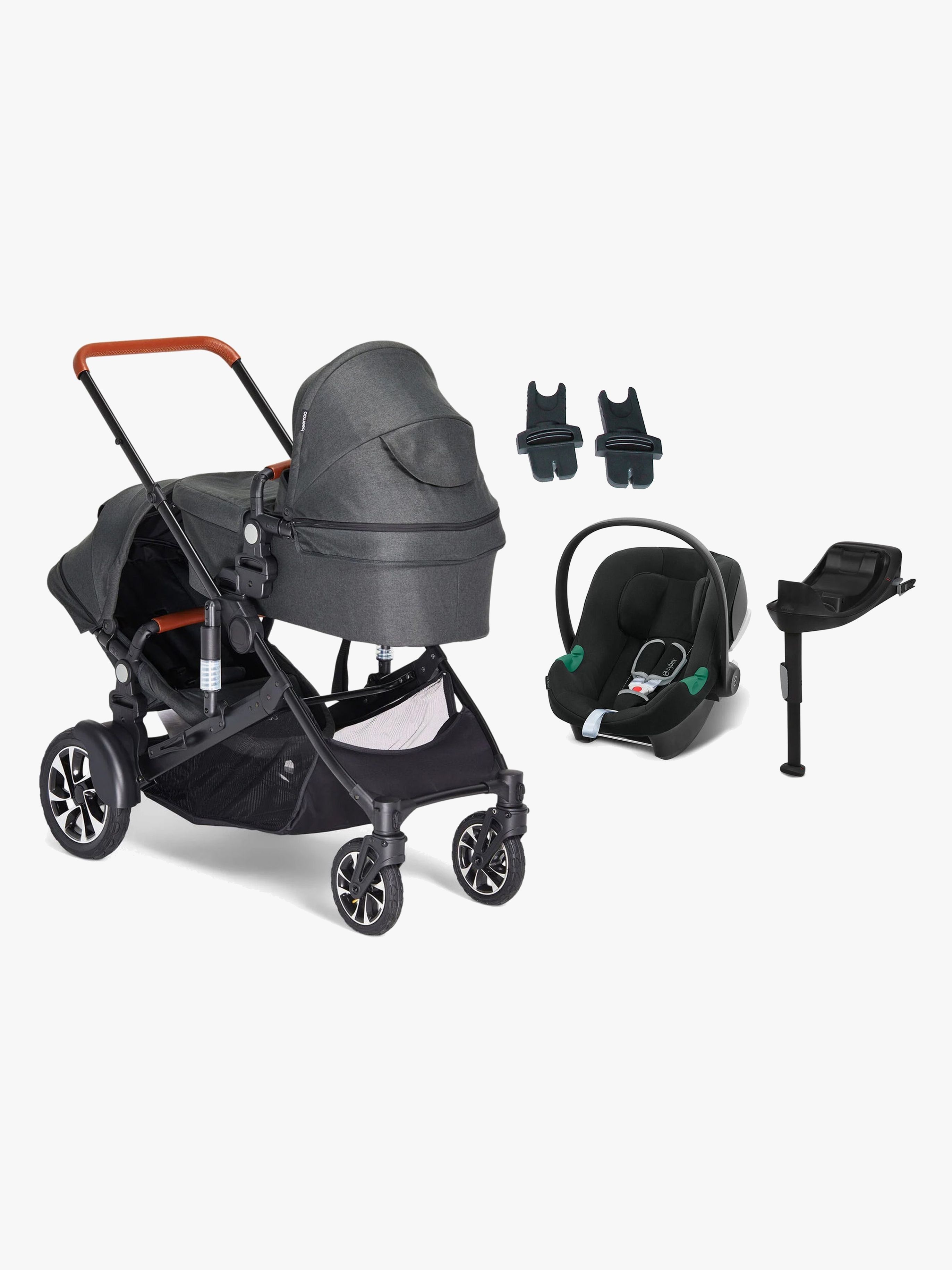 Beemoo Maxi 4 Twin Geschwisterwagen inkl. Cybex Aton B2 Babyschale & Basis, Black/Volcano Black, Doppelkinderwagen