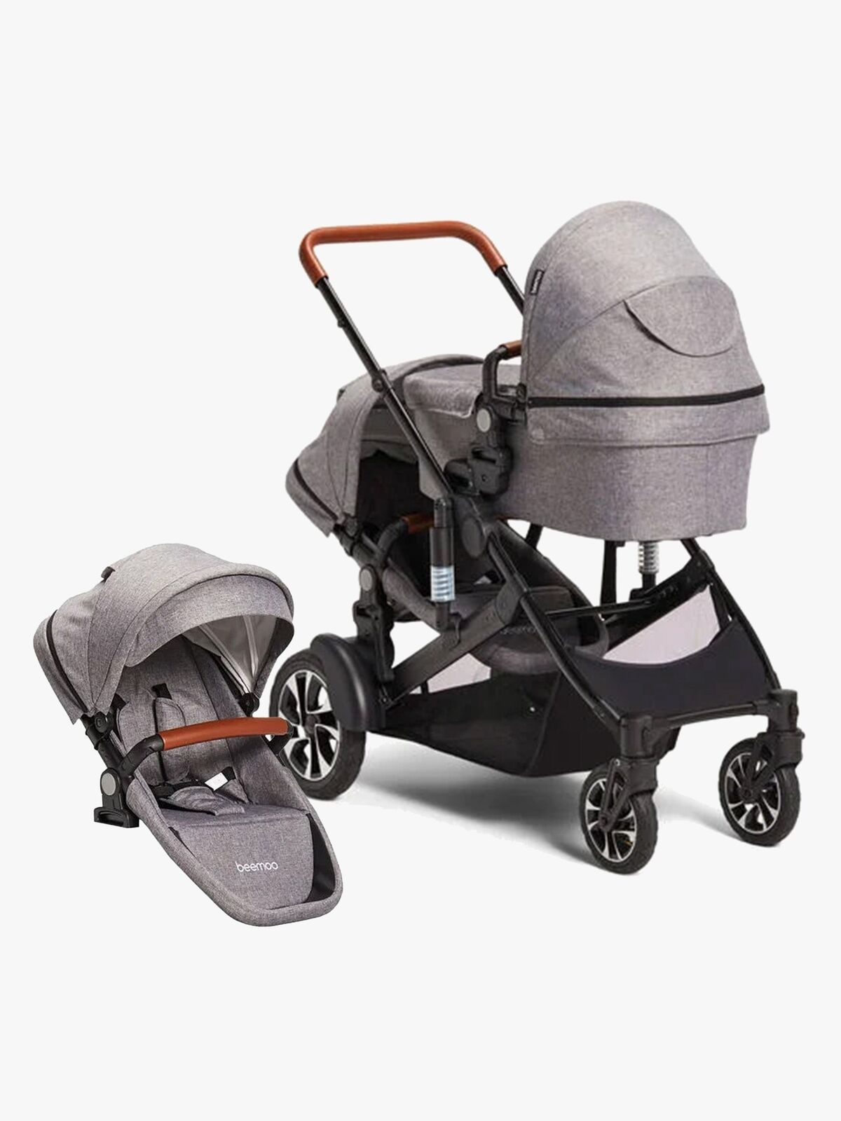 Beemoo Maxi 4 Twin Geschwisterwagen inkl. Extra-Sitz, Grey Melange/Black