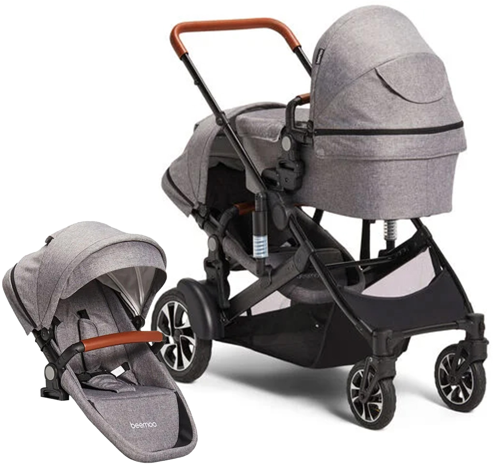 Beemoo Maxi 4 Twin Geschwisterwagen inkl. Extra-Sitz, Grey Melange/Black, Doppelkinderwagen