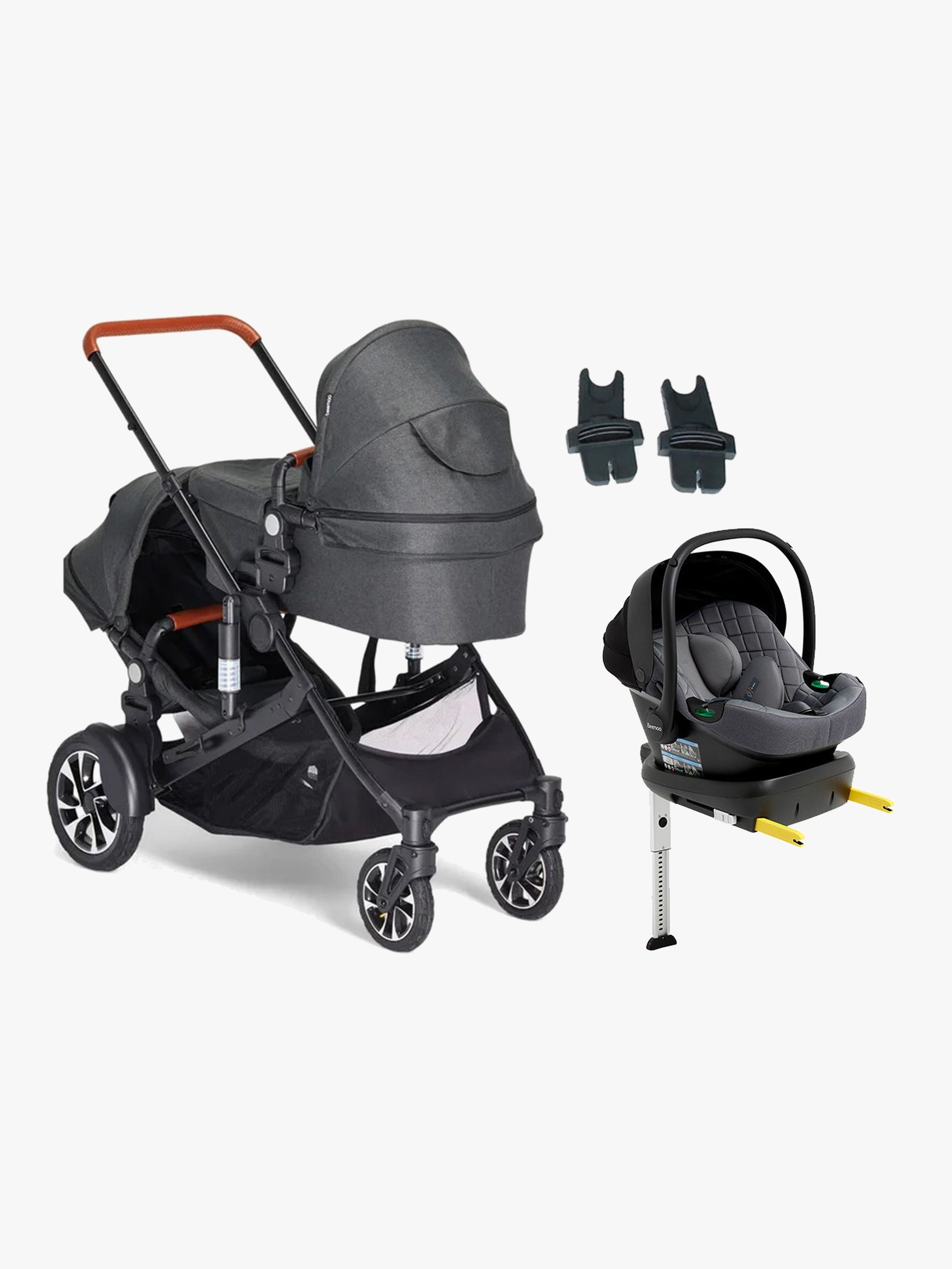 Beemoo Maxi 4 Twin Geschwisterwagen inkl. Beemoo Route i-Size Babyschale &  Basis, Black/Mineral Grey, Doppelkinderwagen