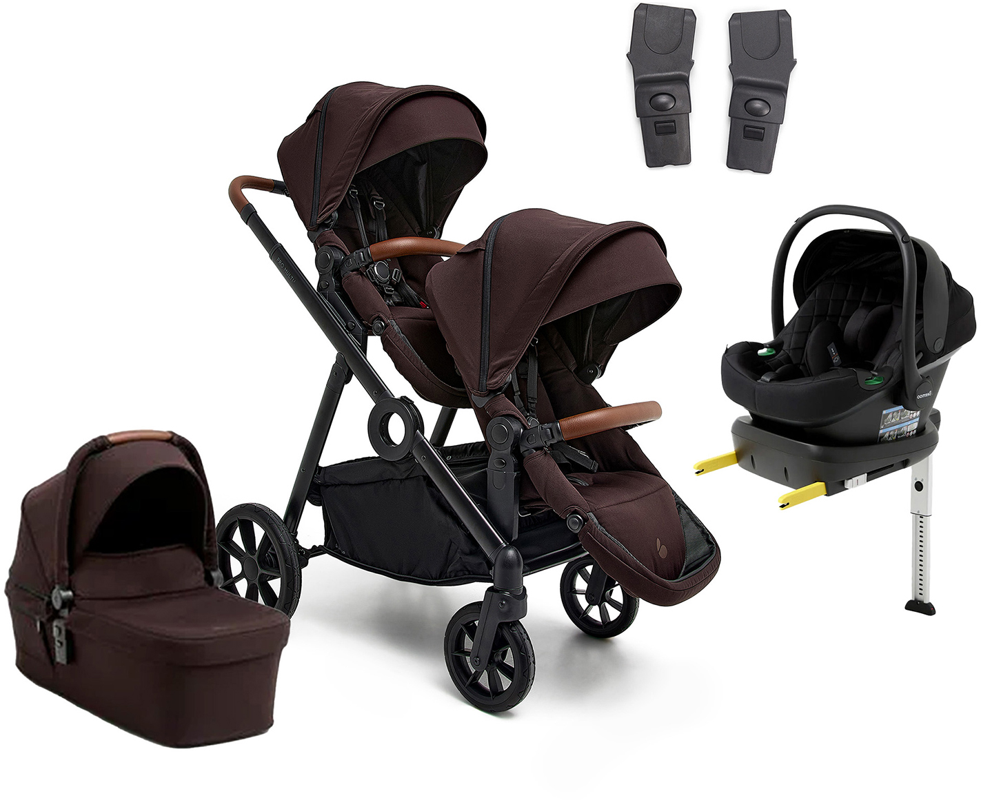 Beemoo Pro Multi 2 Geschwisterwagen inkl. Route i-Size Babyschale & Basis, Espresso Brown/Black Stone, Doppelkinderwagen