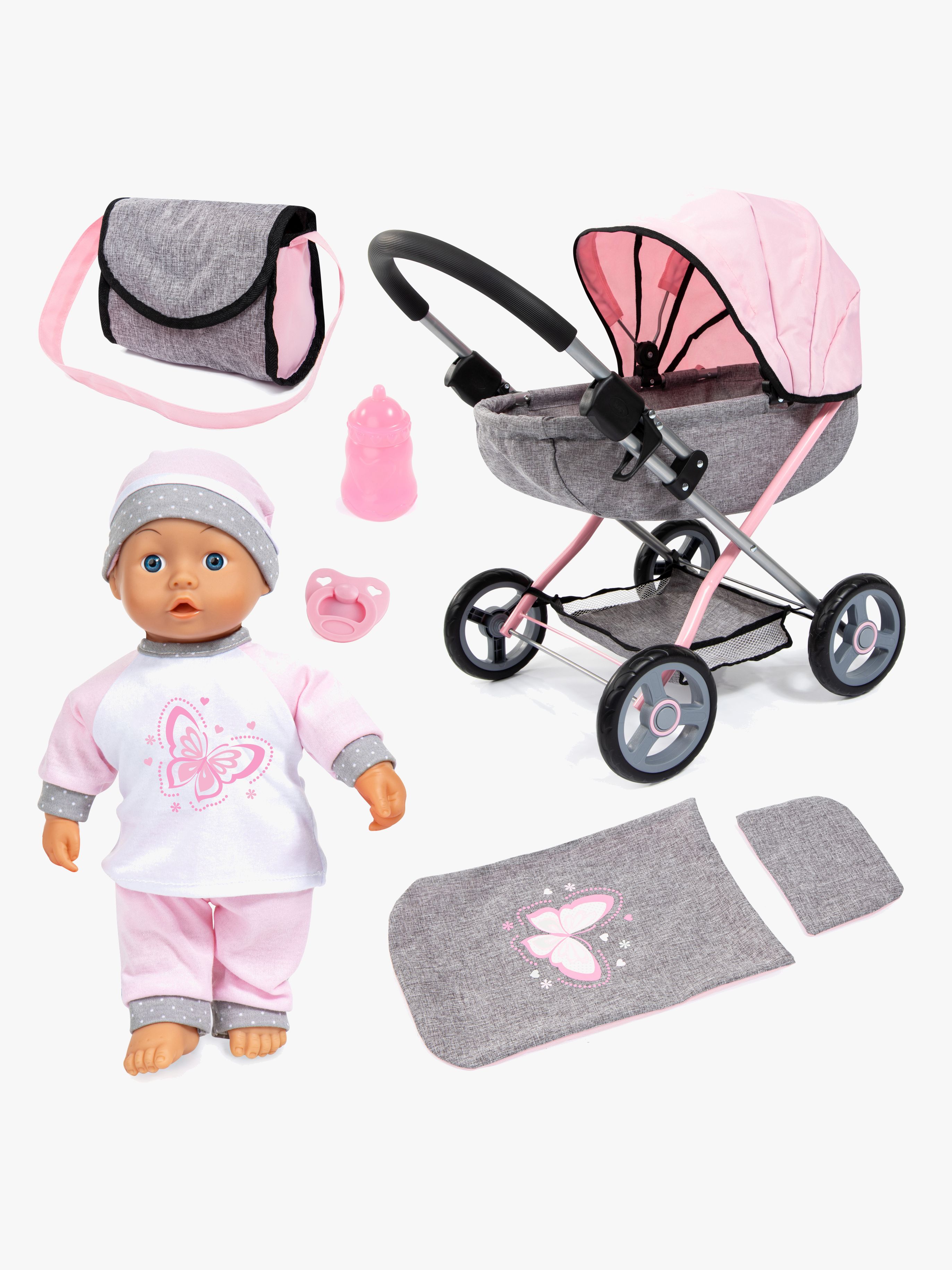 Bayer Design Puppenwagen Cosy Set mit Puppe, Grau/Rosa