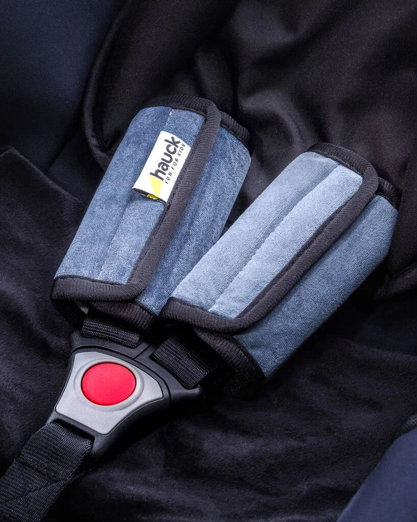 Nahaufnahme eines Autositzes mit blauer Polsterung und rotem Knopf.