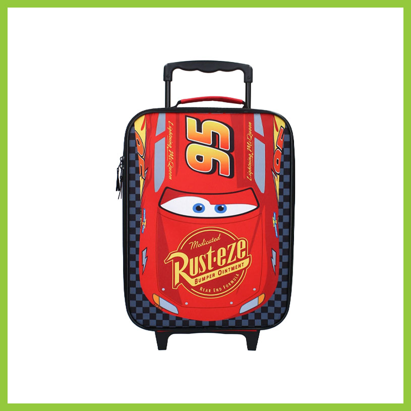 Roter Koffer mit der Figur Lightning McQueen und dem Text 'Medicated Rust-eze Bumper Ointment'.