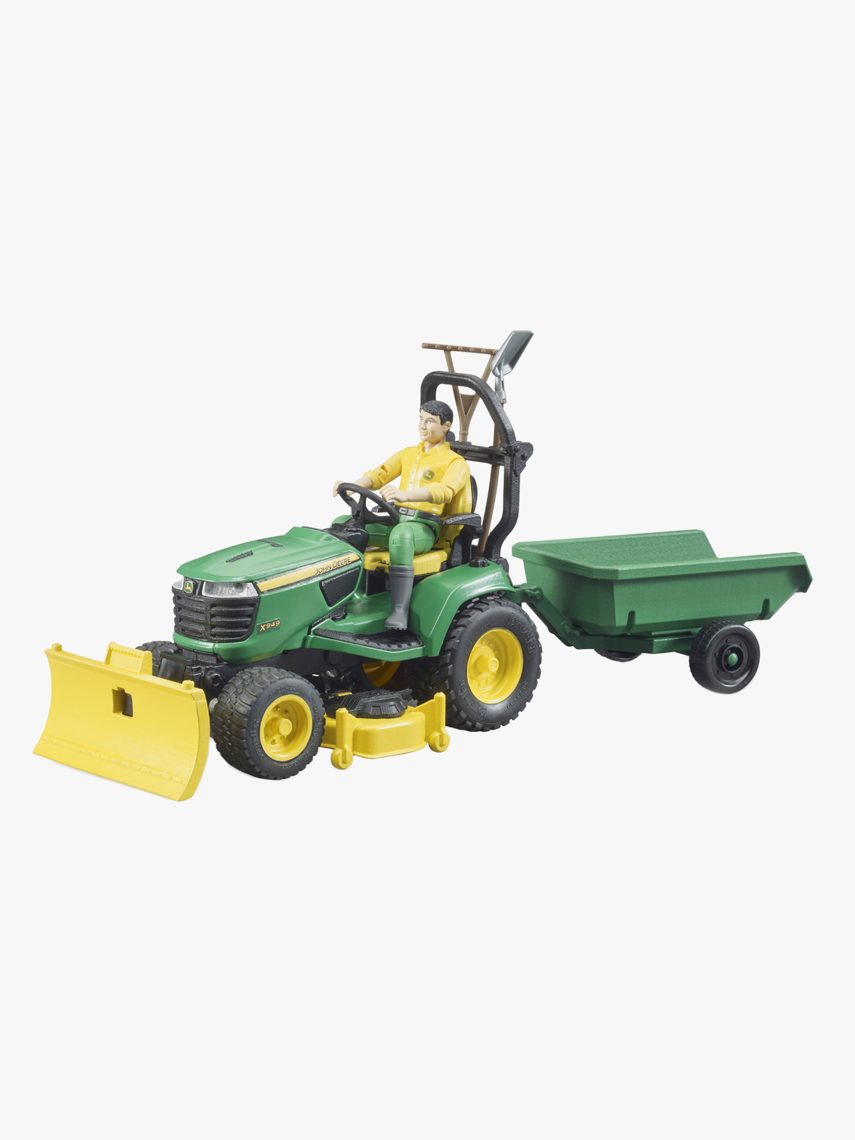 John Deere Rasentraktor mit Anhänger und Gärtner