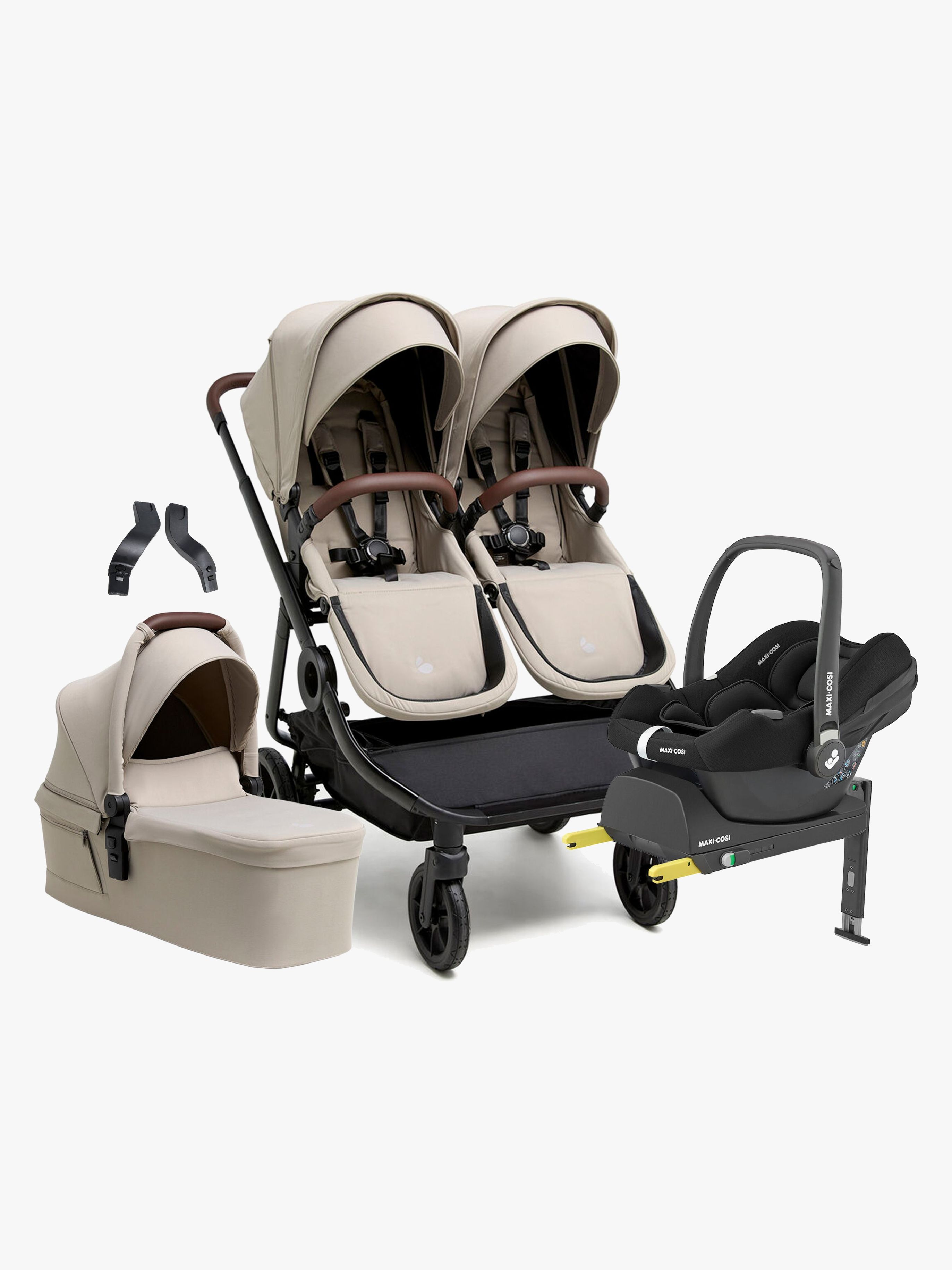 Beemoo Pro Twin 2 Geschwisterwagen inkl. Maxi-Cosi CabrioFix &  Basis, Latte Beige, Doppelkinderwagen