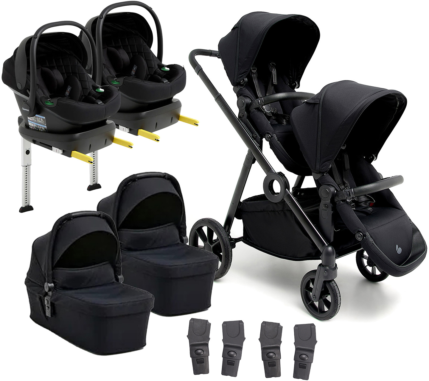 Beemoo Pro Multi 2 Zwillingswagen inkl. Route i-Size Babyschalen &  Basis, Coffee Black/Black Stone