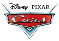 Logo von Disney Pixar Cars mit roter Schrift auf metallischem Hintergrund.