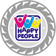 Logo mit bunten Figuren und dem Text 'Happy People' in einem Kreis.