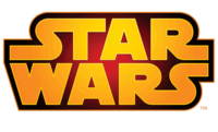 Star Wars-Logo in gelben Buchstaben auf rotem Hintergrund.